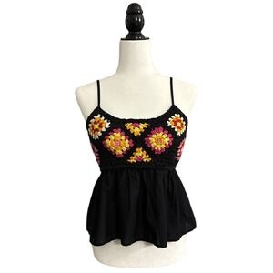 Dizzy Lizzy Crochet Tank Top Floral Smocked Back 100% Cotton Made in India Sz S